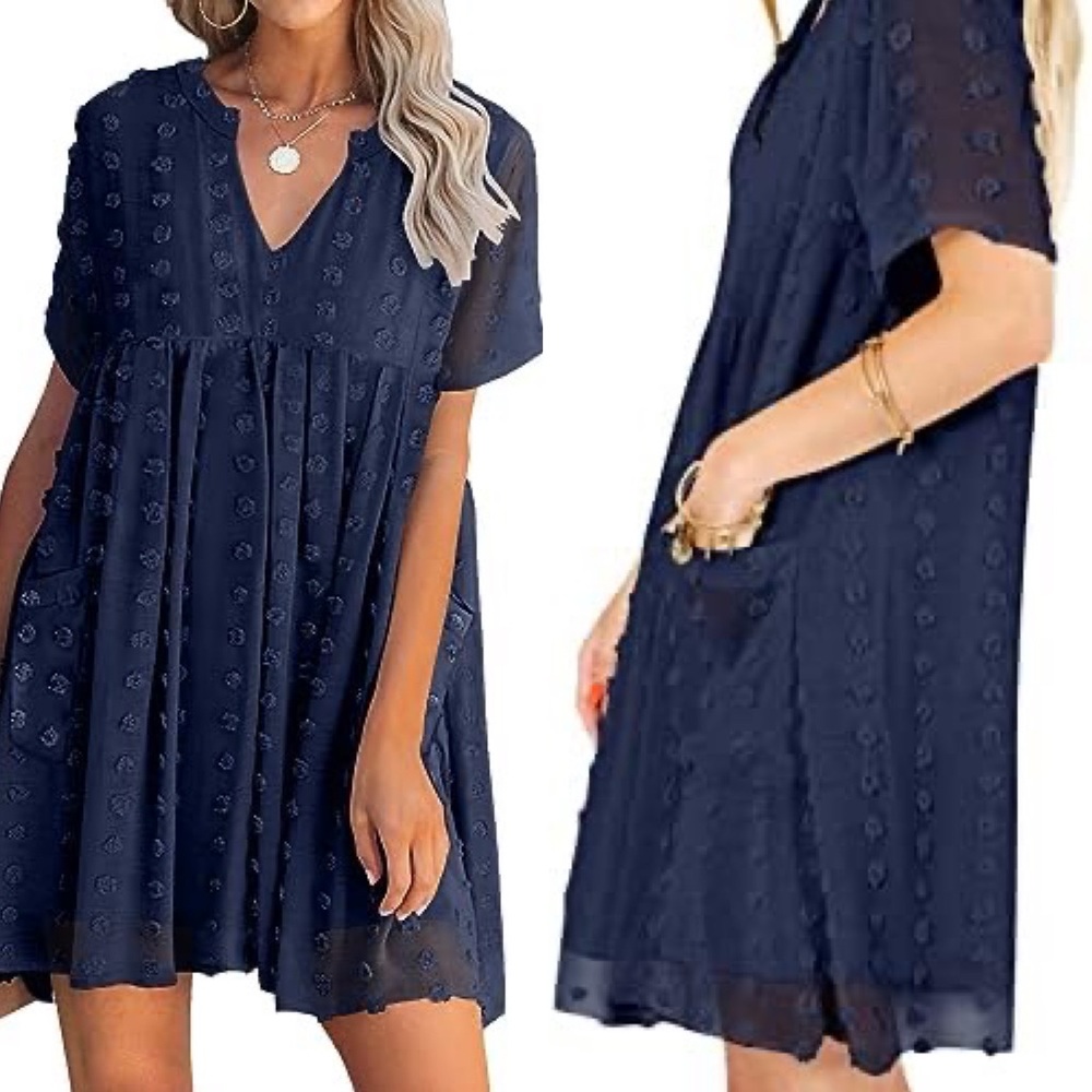 MIHOLL V Neck Short Sleeve Mini Dress Ruffle Loose Flowy Mini XL Swiss Dot Blue